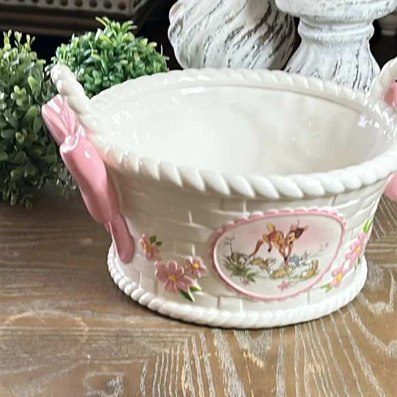 Walt Disney Bambi Thumper Bunny Rabbit Ceramic Weaved Easter Basket Pink Bows - Picture 10 of 10